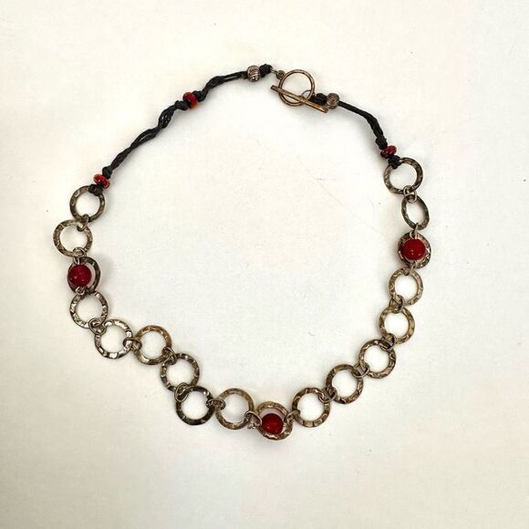 Silver tone and red  circle choker  necklace - Picture 3 of 8